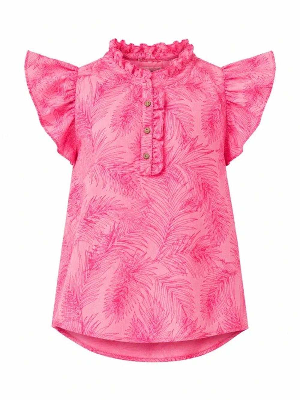 Easel Ruffle Neck Flutter Sleeve Palm-Print Top-Small